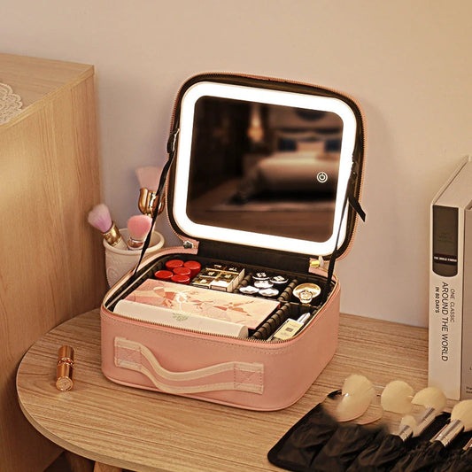 LED Makeup Mirror Handheld Makeup Box – Cosmetic Organizer with Built-in Light Mirror Essencify