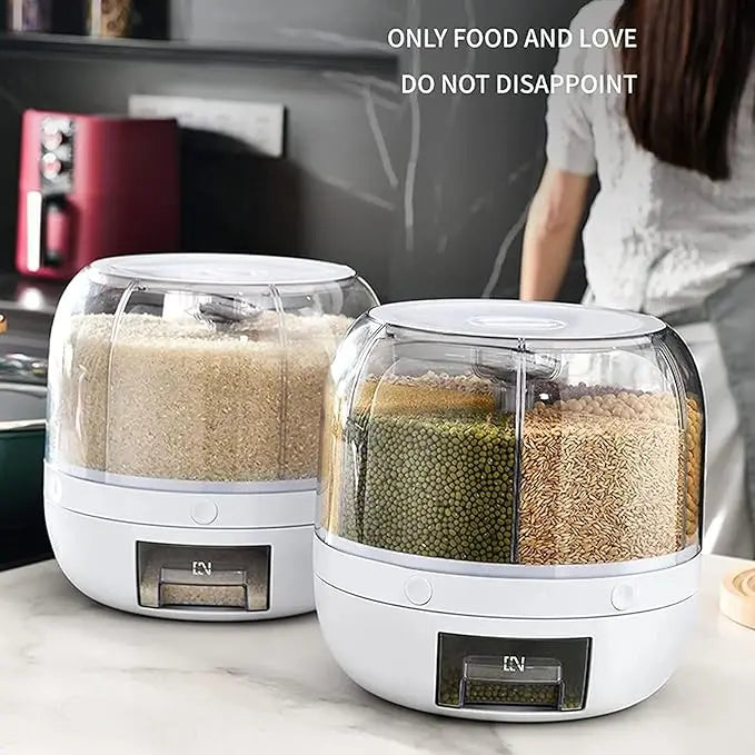 360° Rotating Grain Dispenser 6-Grid - 10KG Storage with One Touch Essencify