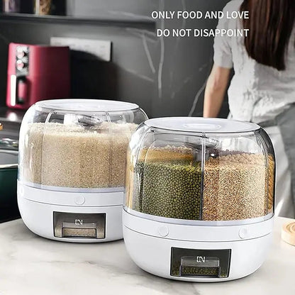 360° Rotating Grain Dispenser 6-Grid - 10KG Storage with One Touch Essencify
