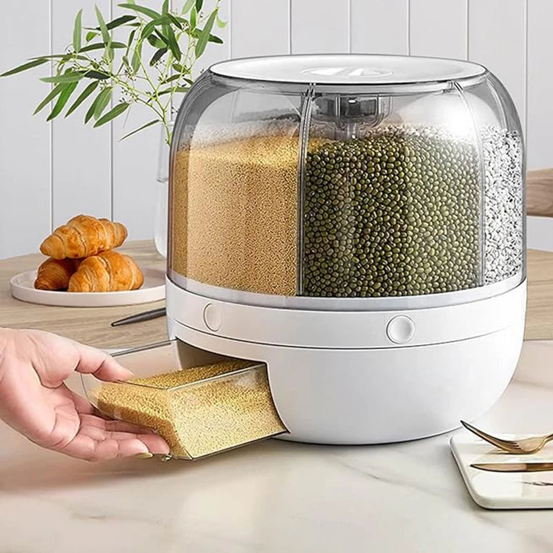 360° Rotating Grain Dispenser 6-Grid - 10KG Storage with One Touch Essencify