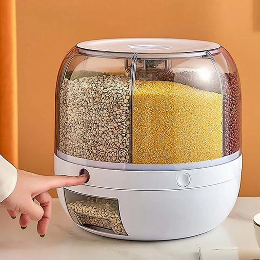 360° Rotating Grain Dispenser 6-Grid - 10KG Storage with One Touch Essencify