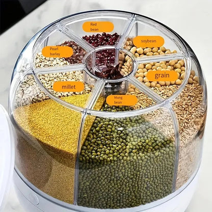 360° Rotating Grain Dispenser 6-Grid - 10KG Storage with One Touch Essencify
