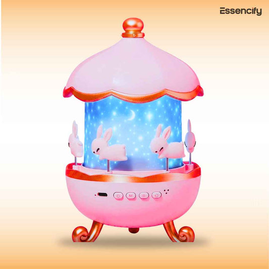 Bunny Carousel Night Light Projector Lamp | 360° Rotatable Cabin LED Night Lamp with 12 Film Shade Essencify
