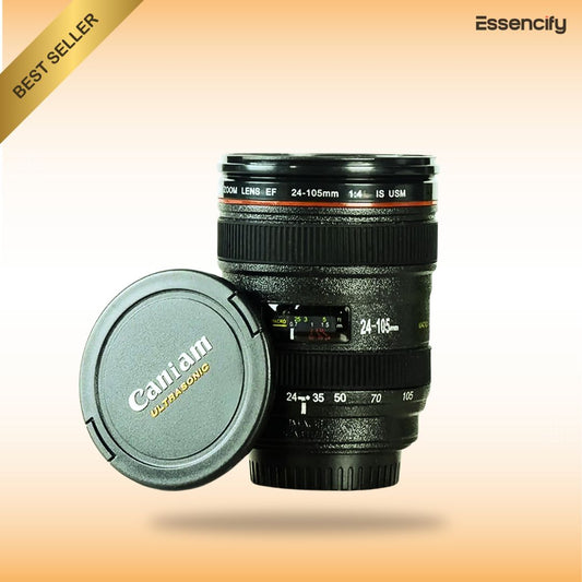 Camera Lens Coffee Mug 400ml - Stainless Steel with Leak Proof Lid Essencify