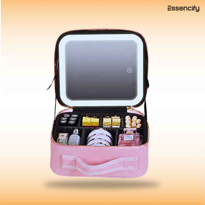 LED Makeup Mirror Handheld Makeup Box – Cosmetic Organizer with Built-in Light Mirror Essencify