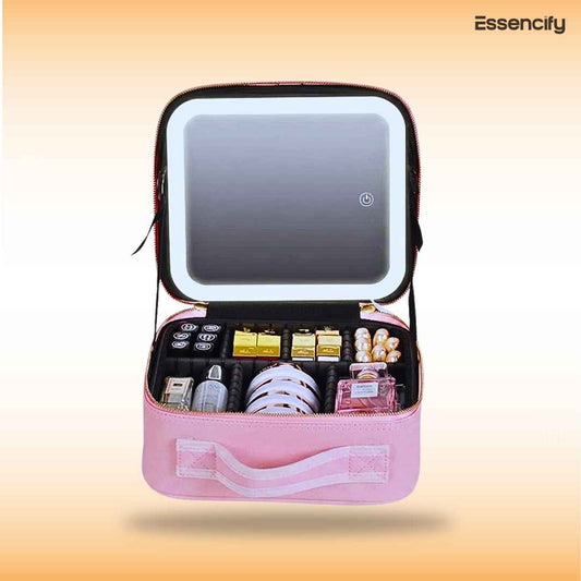 LED Makeup Mirror Handheld Makeup Box – Cosmetic Organizer with Built-in Light Mirror Essencify