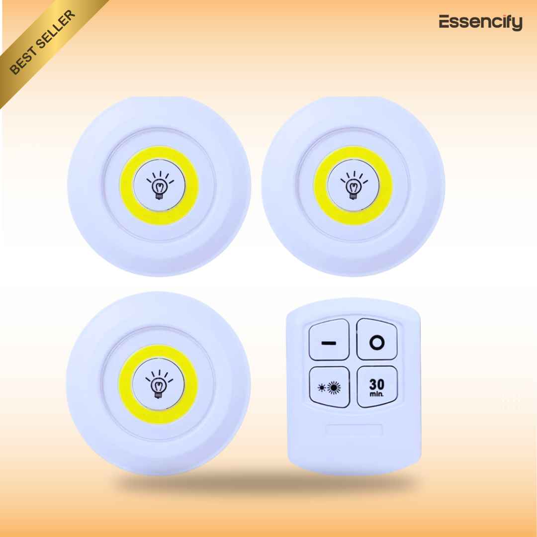 Set of 3 Wireless LED Under Cabinet Light | Dimmable with Remote Control Essencify
