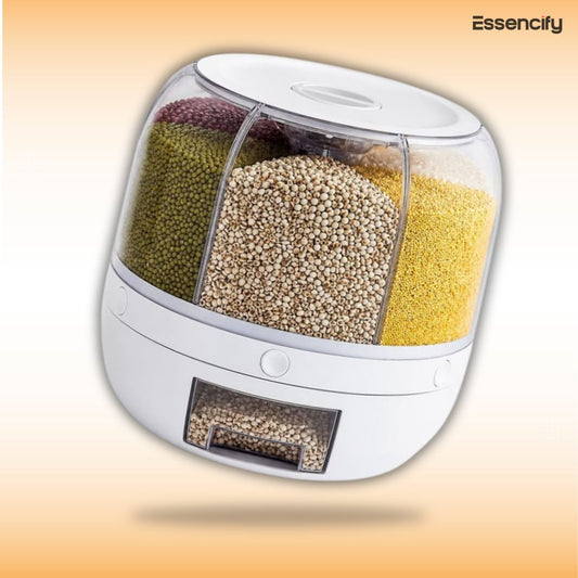360° Rotating Grain Dispenser 6-Grid - 10KG Storage with One Touch Essencify