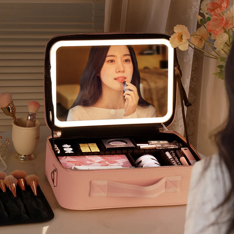 LED Makeup Mirror Handheld Makeup Box – Cosmetic Organizer with Built-in Light Mirror Essencify