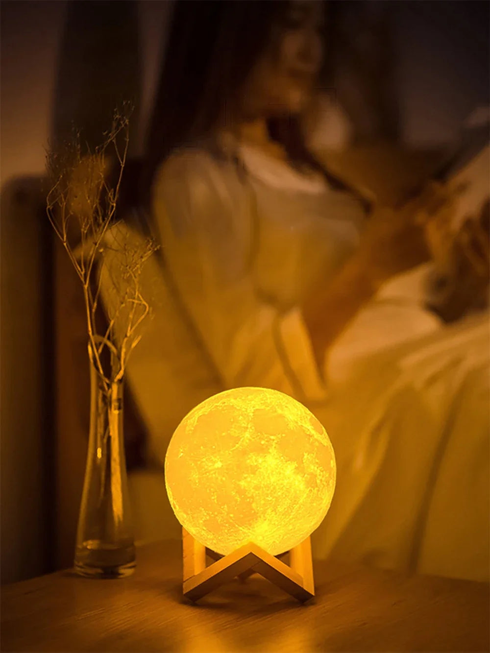 Luxury 3D Moon Lamp with Wooden Stand - Warm & Cool LED Night Light Essencify