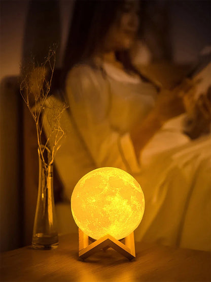 Luxury 3D Moon Lamp with Wooden Stand - Warm & Cool LED Night Light Essencify