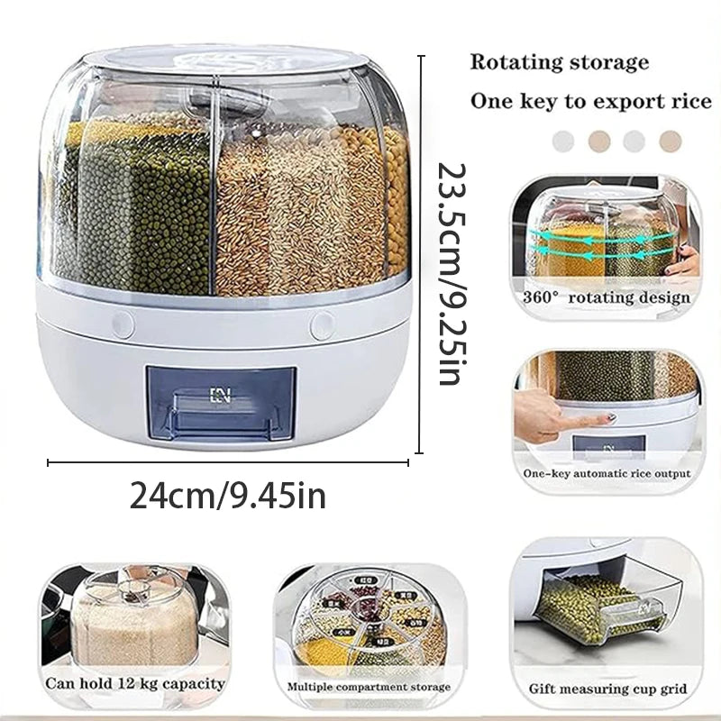 360° Rotating Grain Dispenser 6-Grid - 10KG Storage with One Touch Essencify