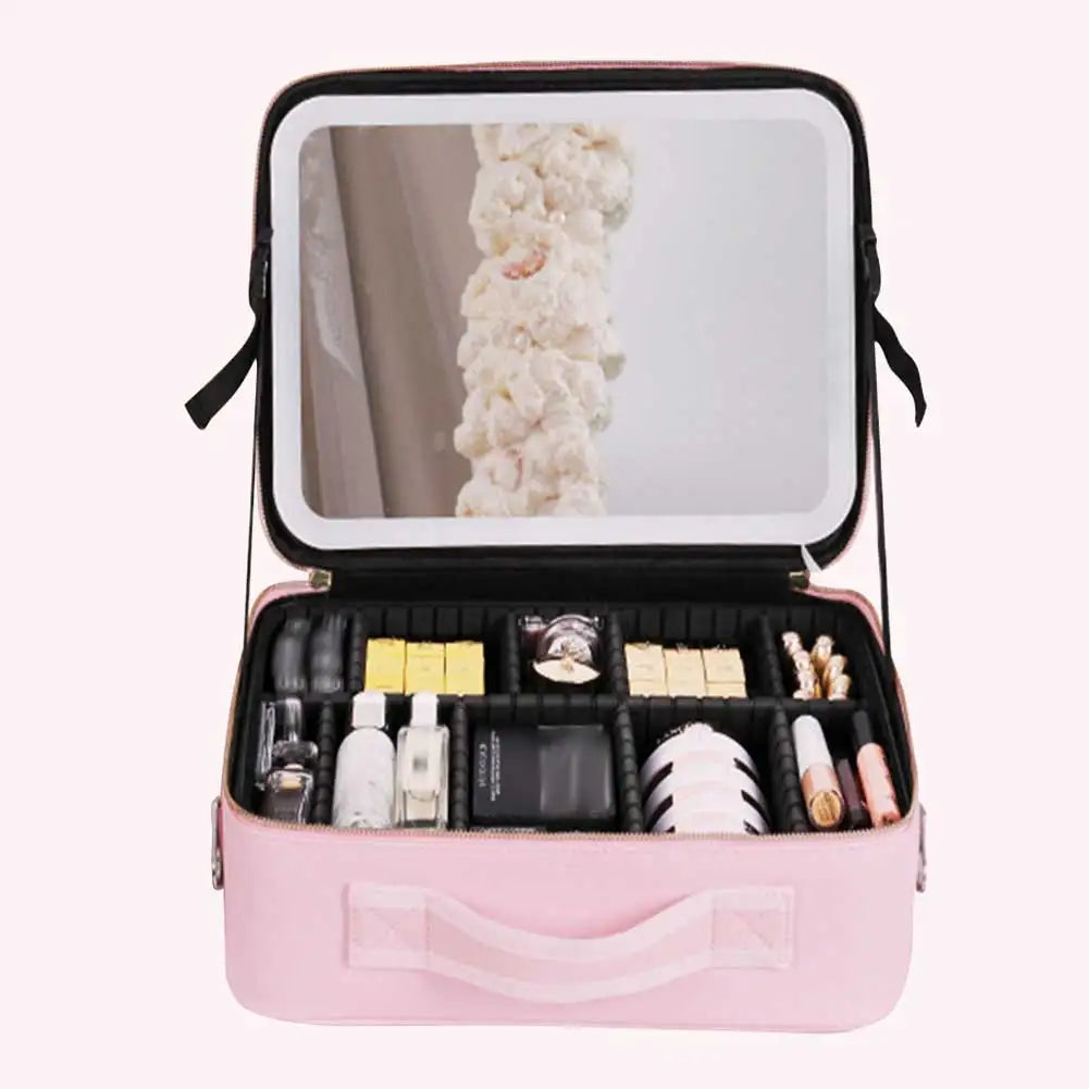 LED Makeup Mirror Handheld Makeup Box – Cosmetic Organizer with Built-in Light Mirror Essencify