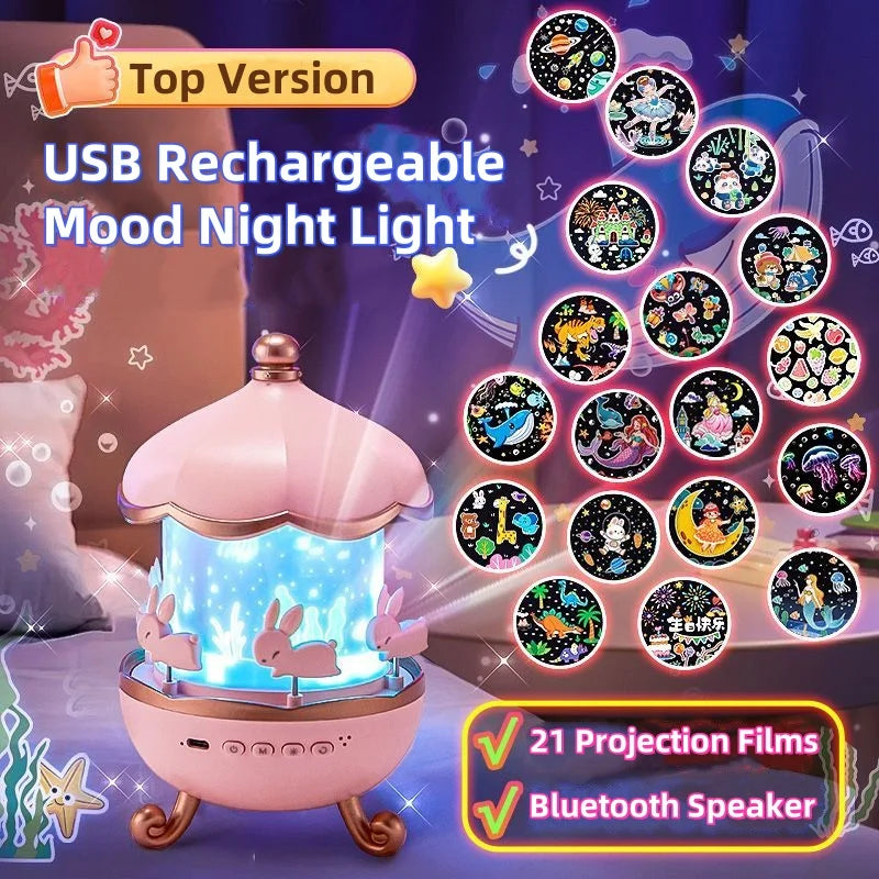 Bunny Carousel Night Light Projector Lamp | 360° Rotatable Cabin LED Night Lamp with 12 Film Shade Essencify
