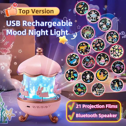 Bunny Carousel Night Light Projector Lamp | 360° Rotatable Cabin LED Night Lamp with 12 Film Shade Essencify
