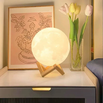 Luxury 3D Moon Lamp with Wooden Stand - Warm & Cool LED Night Light Essencify