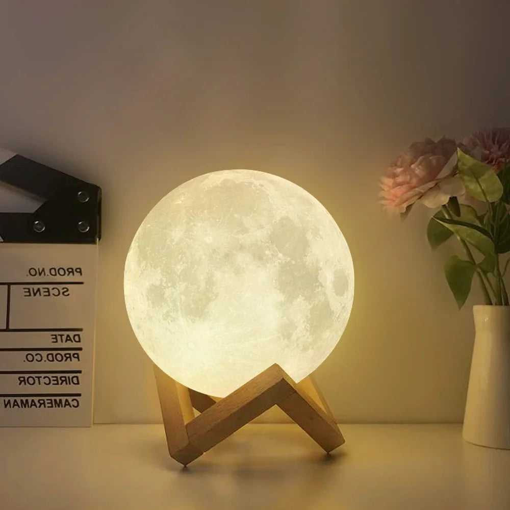 Luxury 3D Moon Lamp with Wooden Stand - Warm & Cool LED Night Light Essencify