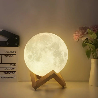 Luxury 3D Moon Lamp with Wooden Stand - Warm & Cool LED Night Light Essencify
