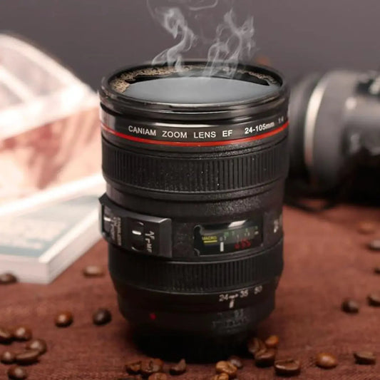 Camera Lens Coffee Mug 400ml - Stainless Steel with Leak Proof Lid Essencify