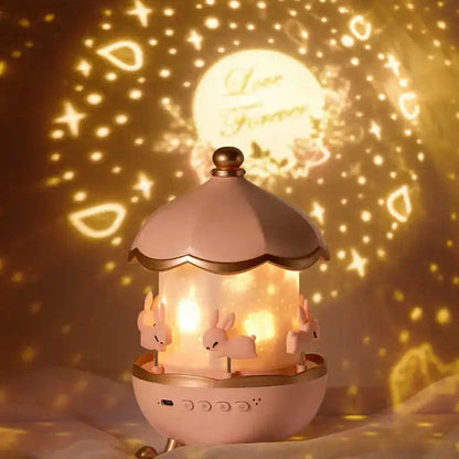 Bunny Carousel Night Light Projector Lamp | 360° Rotatable Cabin LED Night Lamp with 12 Film Shade Essencify
