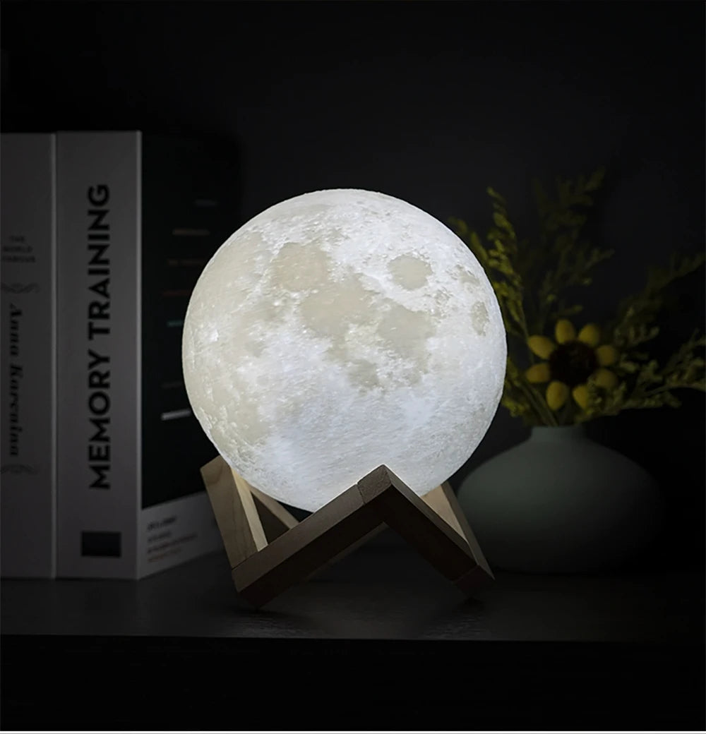 Luxury 3D Moon Lamp with Wooden Stand - Warm & Cool LED Night Light Essencify