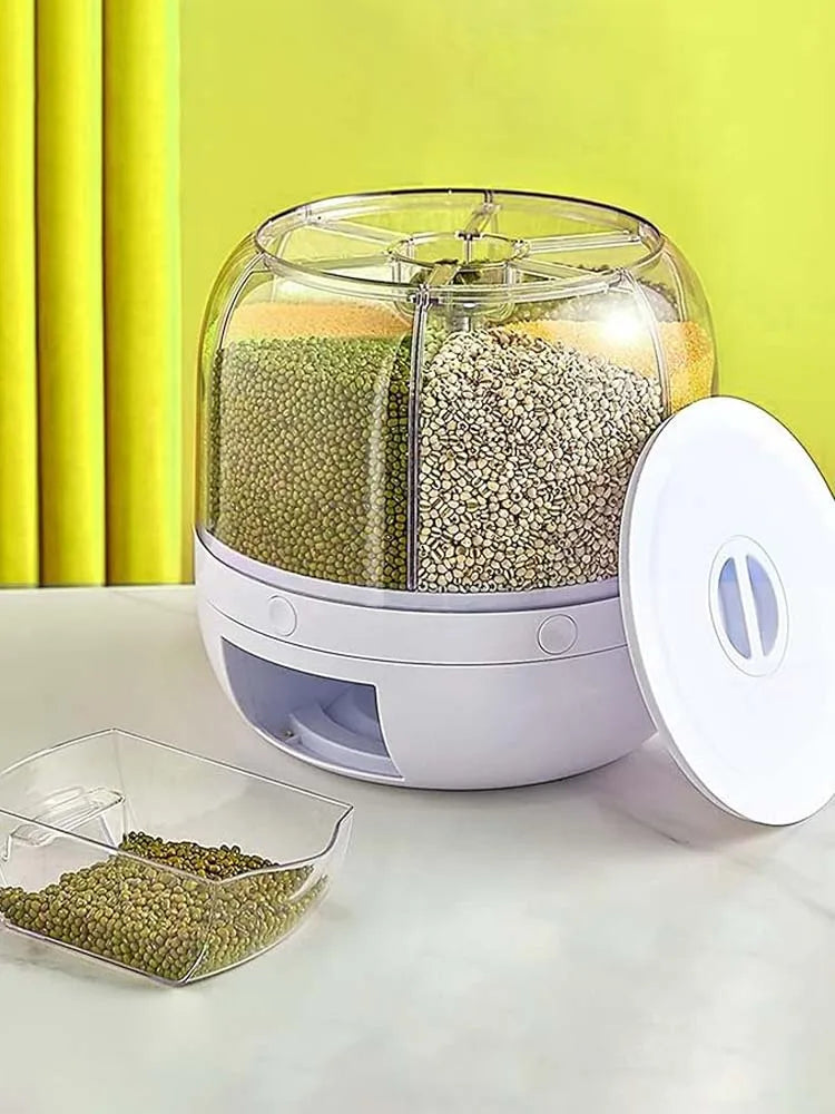 360° Rotating Grain Dispenser 6-Grid - 10KG Storage with One Touch Essencify