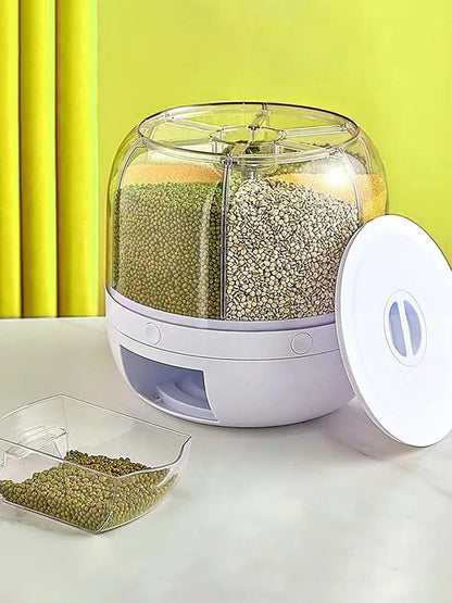 360° Rotating Grain Dispenser 6-Grid - 10KG Storage with One Touch Essencify